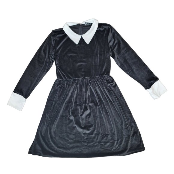 Black Velvet large White Collar Mini Dress Goth Punk Wednesday Addams halloween - Picture 2 of 7